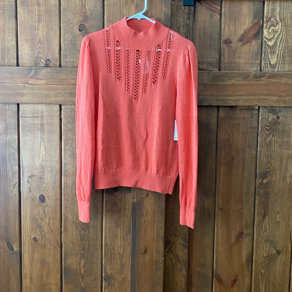 Free People Coral Pointelle Lace Knit Neck Sweater